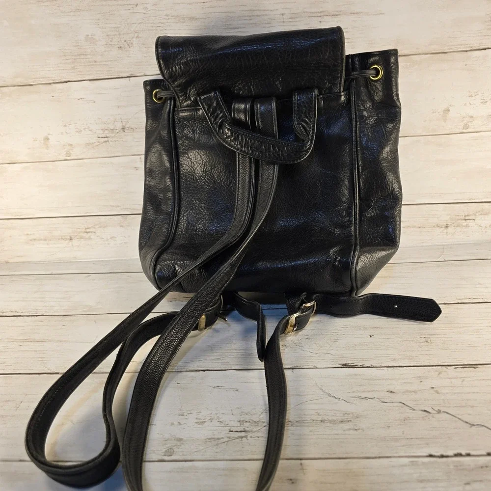 Vintage‎ Pattie Jarrell Colorado USA Black Leather Mini Backpack Drawstring Bag